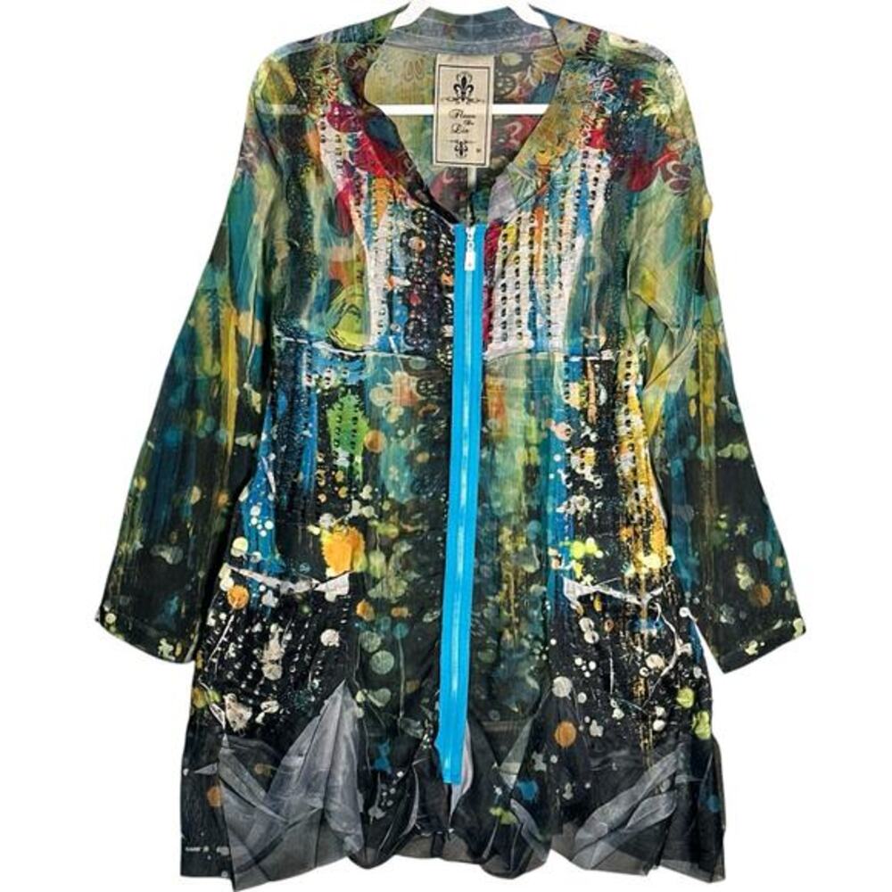 Fleur De‎ Lis Sz M Long Sheer Full Zip Abstract Jacket Top Fairy Artsy Whimsy